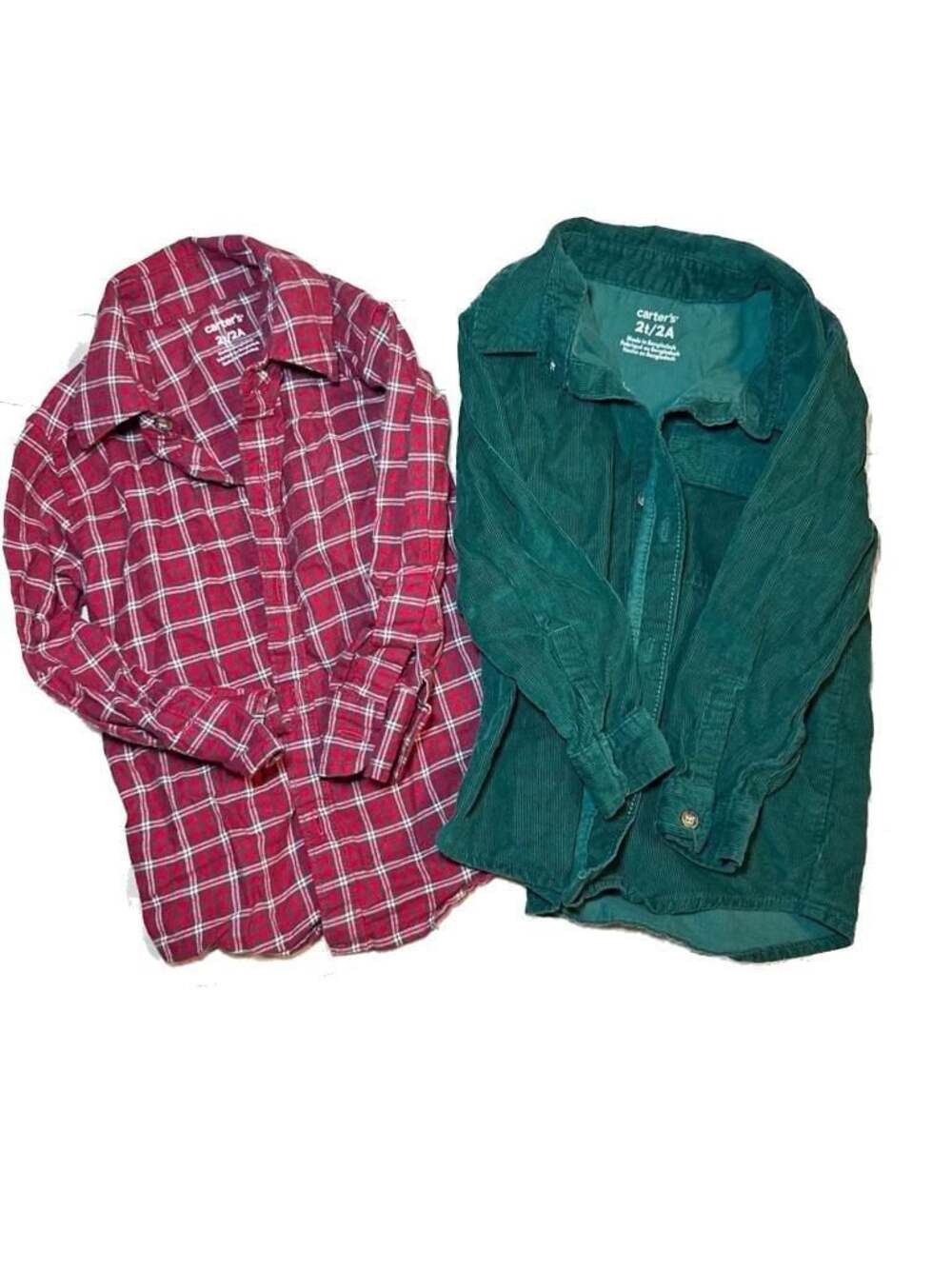 Carter's 2T Boys Toddler Shirt Bundle Plaid Flannel and Green Corduroy Button-Up